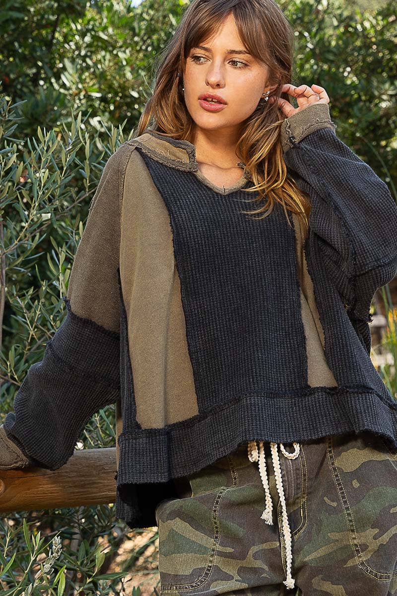 Notched Neck Contrast Fabric Basic Long Sleeve Top-POL