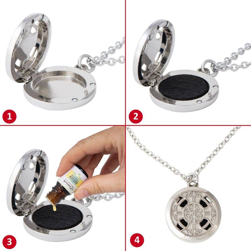 Celtic Cross Diffuser Necklace, chrome, 4 essential oils set