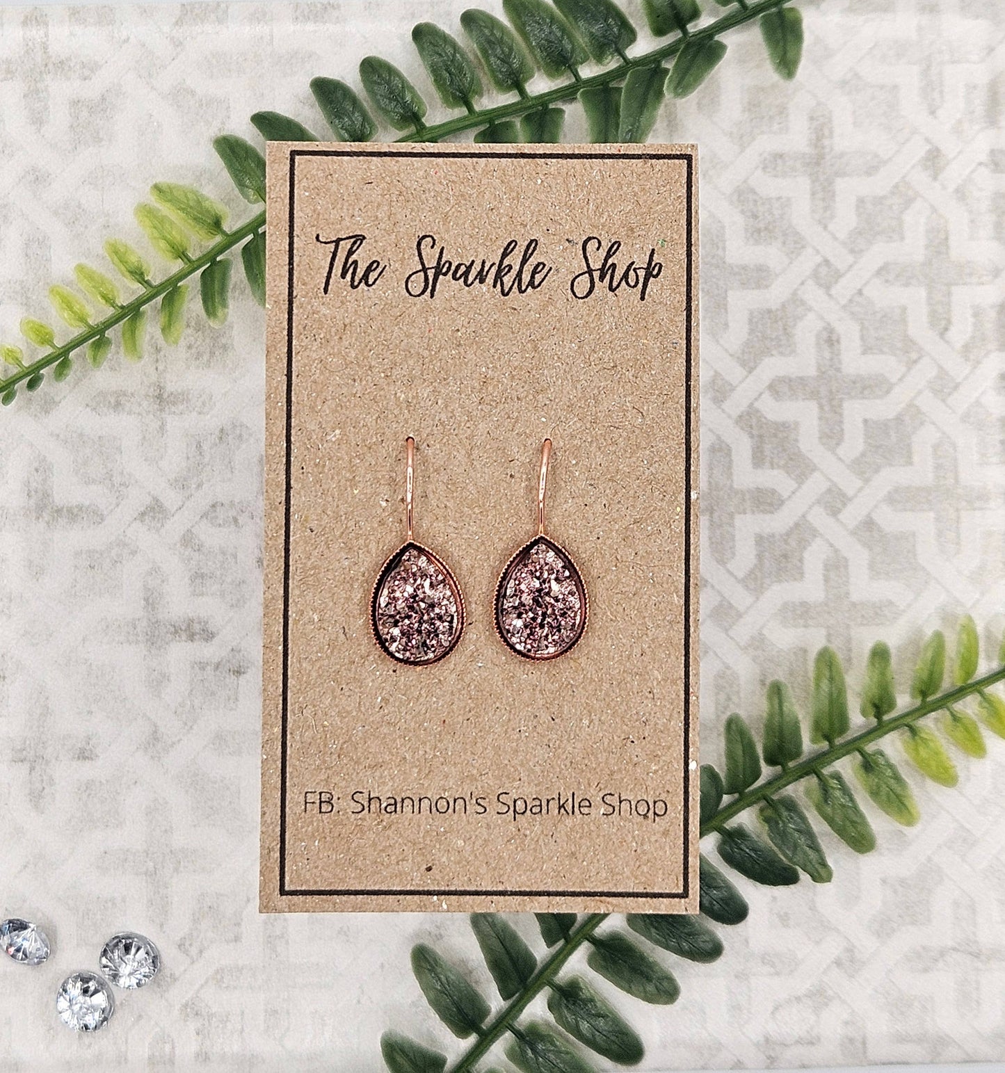 Druzy Teardrop Dangle Earrings (Handmade) - Rose Gold