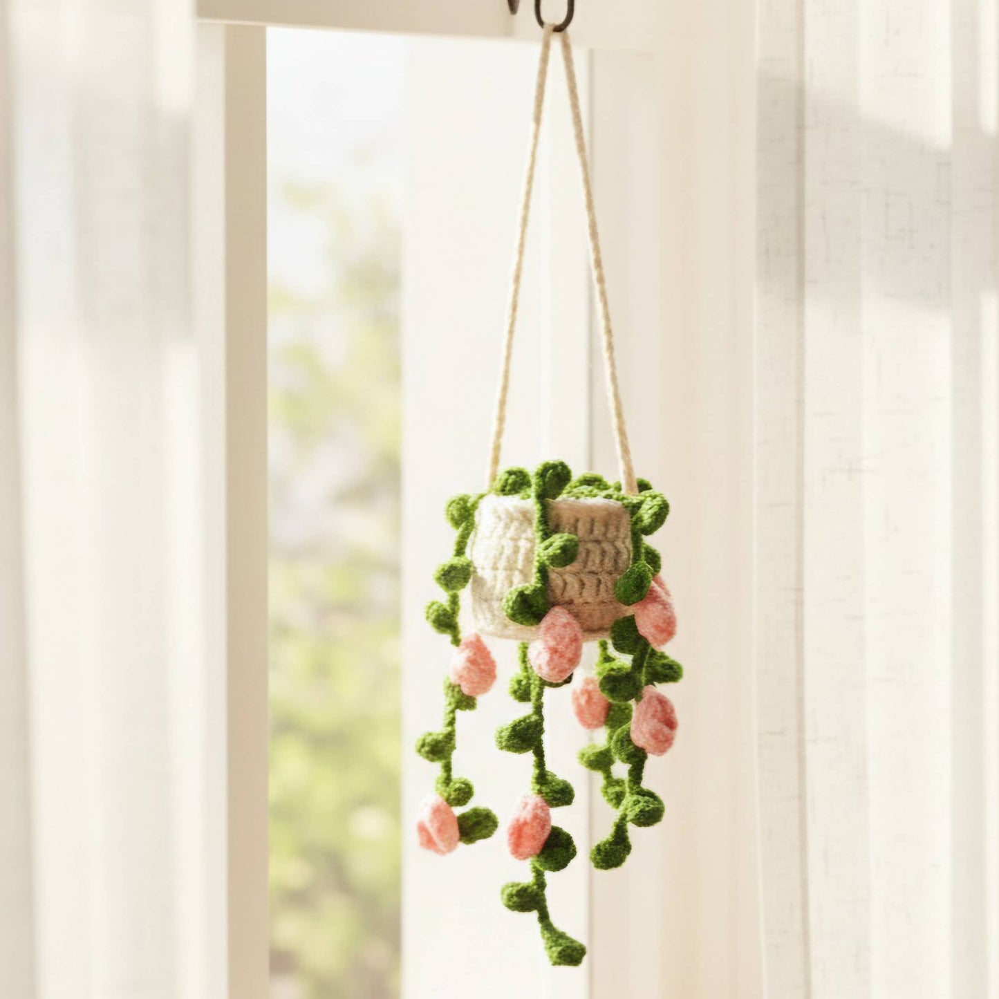 Floral Crochet Car Charm – Hanging Mini Plant Pot