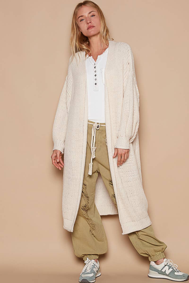 Open front balloon sleeves long cardigan sweater