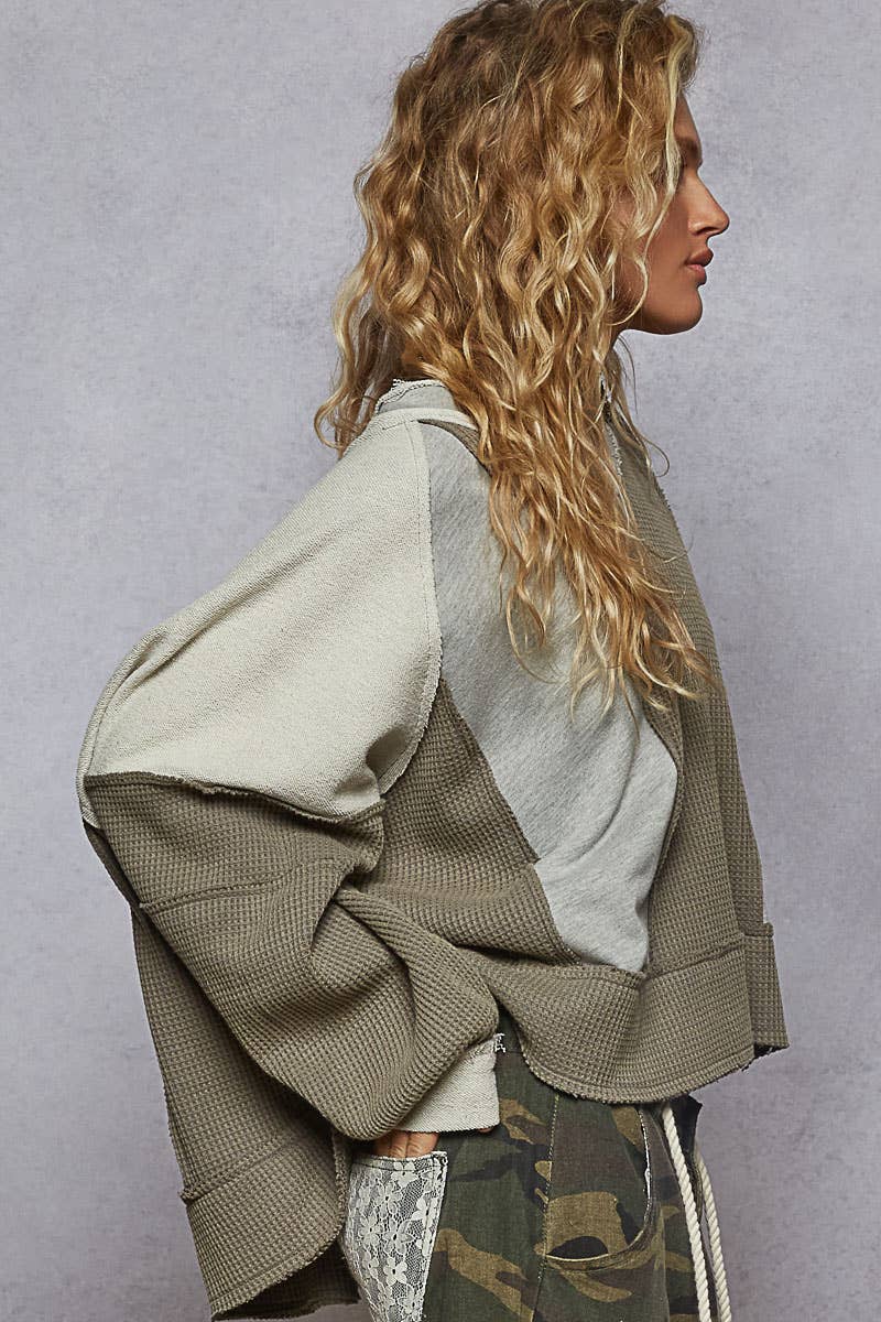 Notched Neck Contrast Fabric Basic Long Sleeve Top-POL