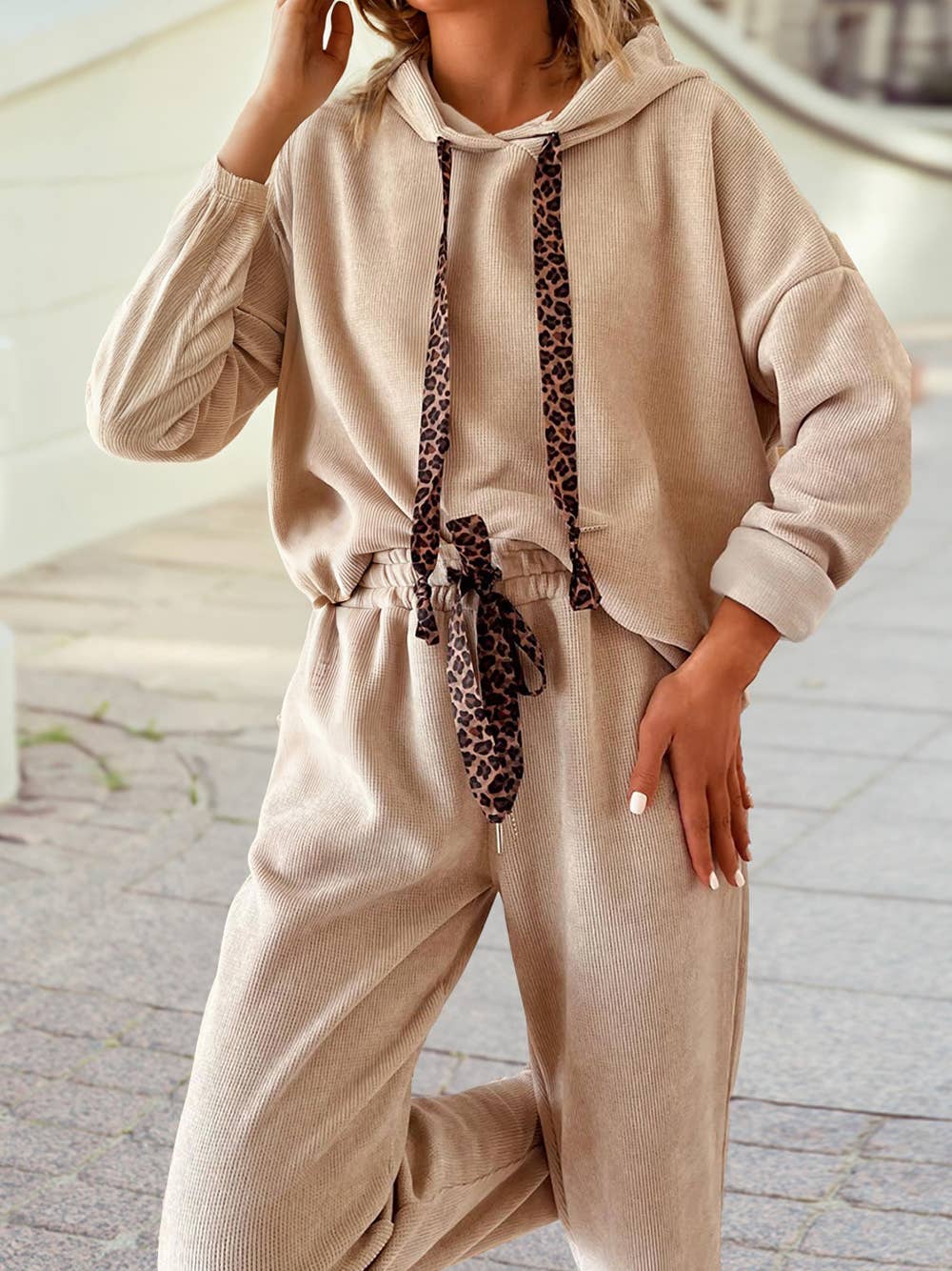 Pullover Hoodie and High Waist Pants Corduroy Suit