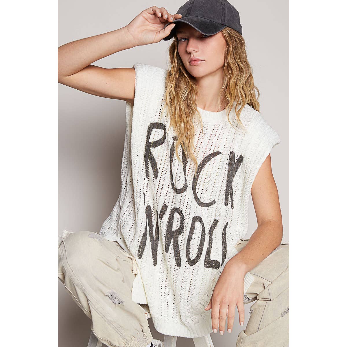 Graphic lettering round sleeveless top