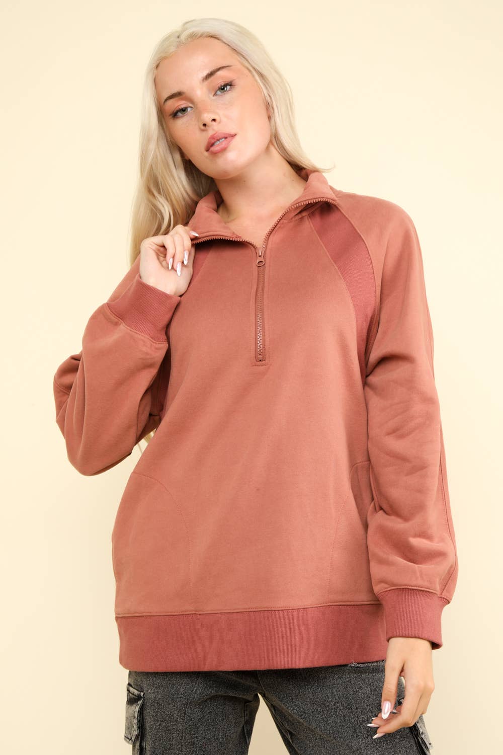 NT11849-Oversized Sweatshirt Henley Knit Top