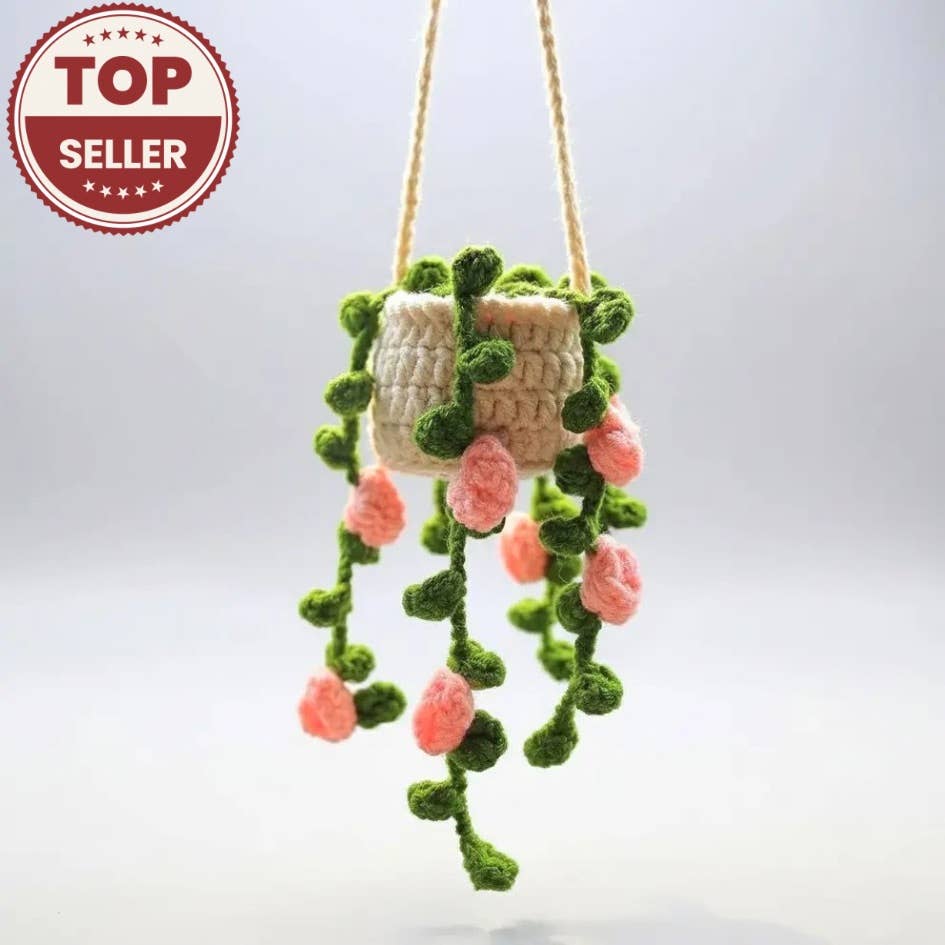 Floral Crochet Car Charm – Hanging Mini Plant Pot