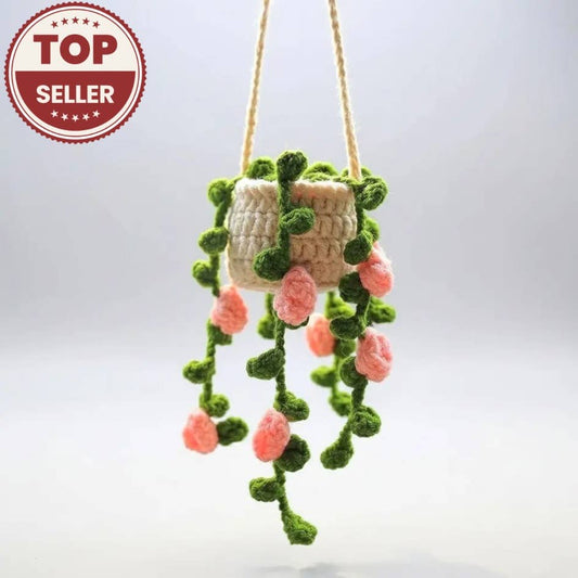 Floral Crochet Car Charm – Hanging Mini Plant Pot