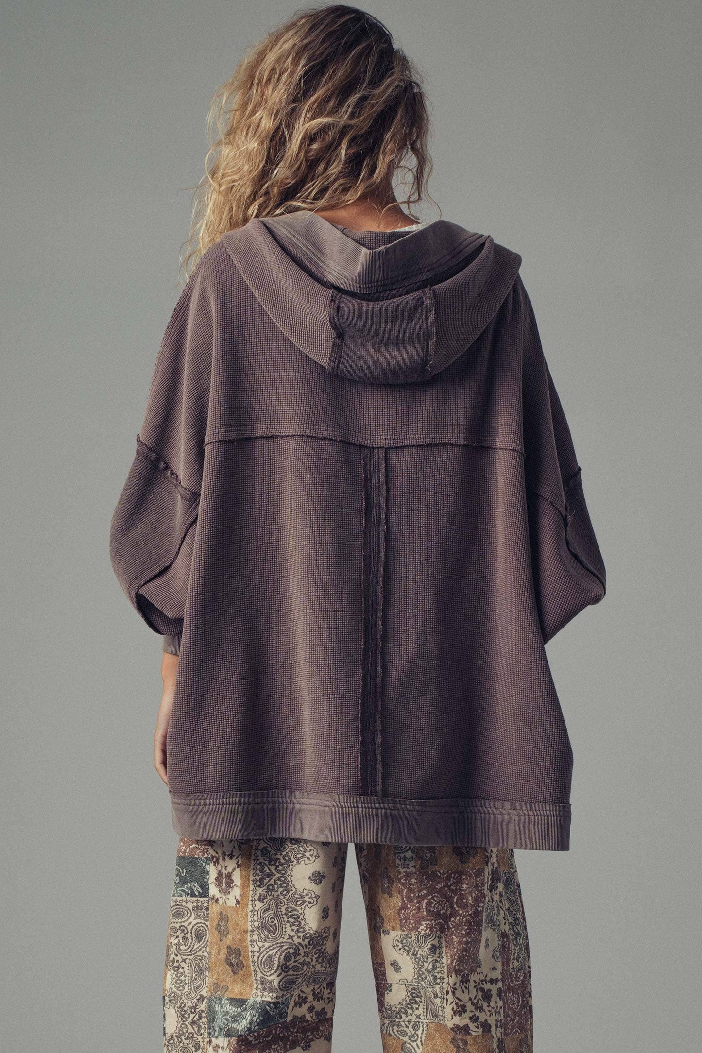 Washed Waffle Knit Hooded Cardigan-Medium