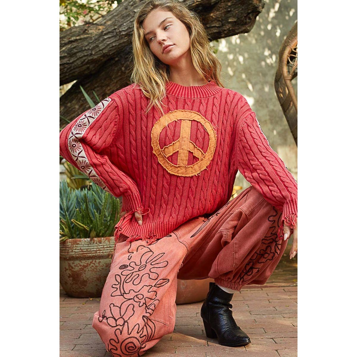 Vintage washed peach patch cable knit solid sweater