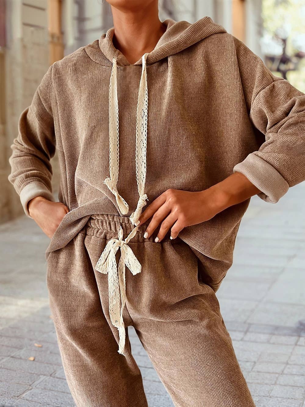 Pullover Hoodie and High Waist Pants Corduroy Suit