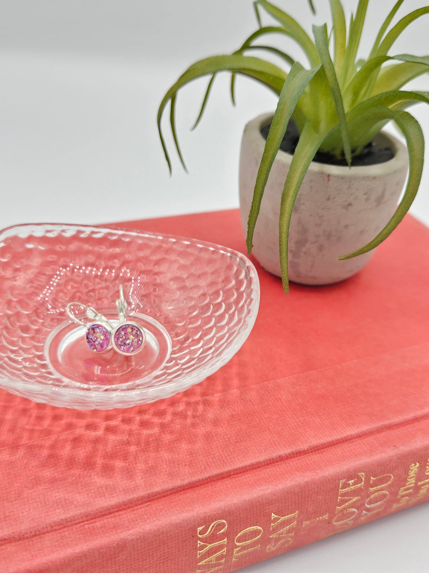 Druzy Round Dangle Earrings (Handmade 8mm)- Pink Ice