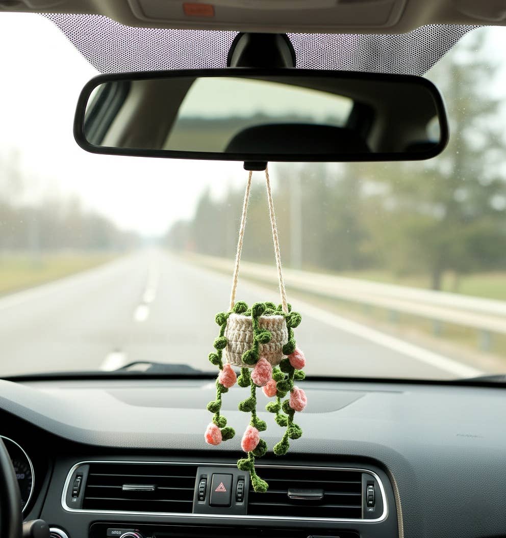 Floral Crochet Car Charm – Hanging Mini Plant Pot
