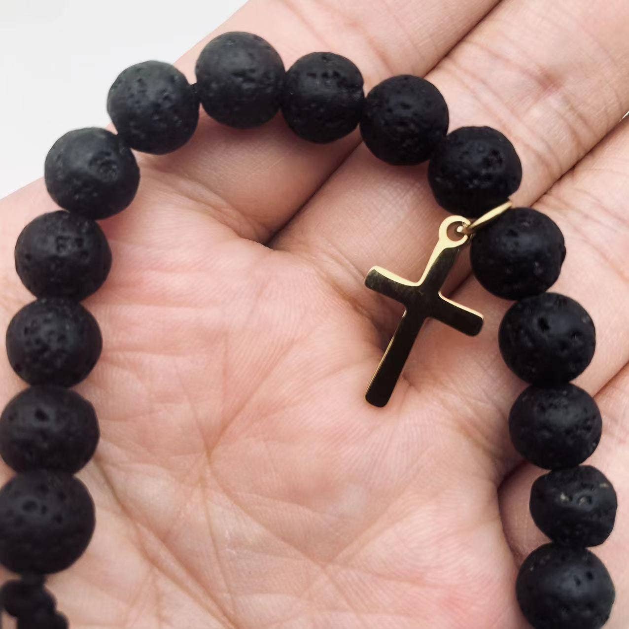 Natural Stone Lava Cross Charm Bracelets