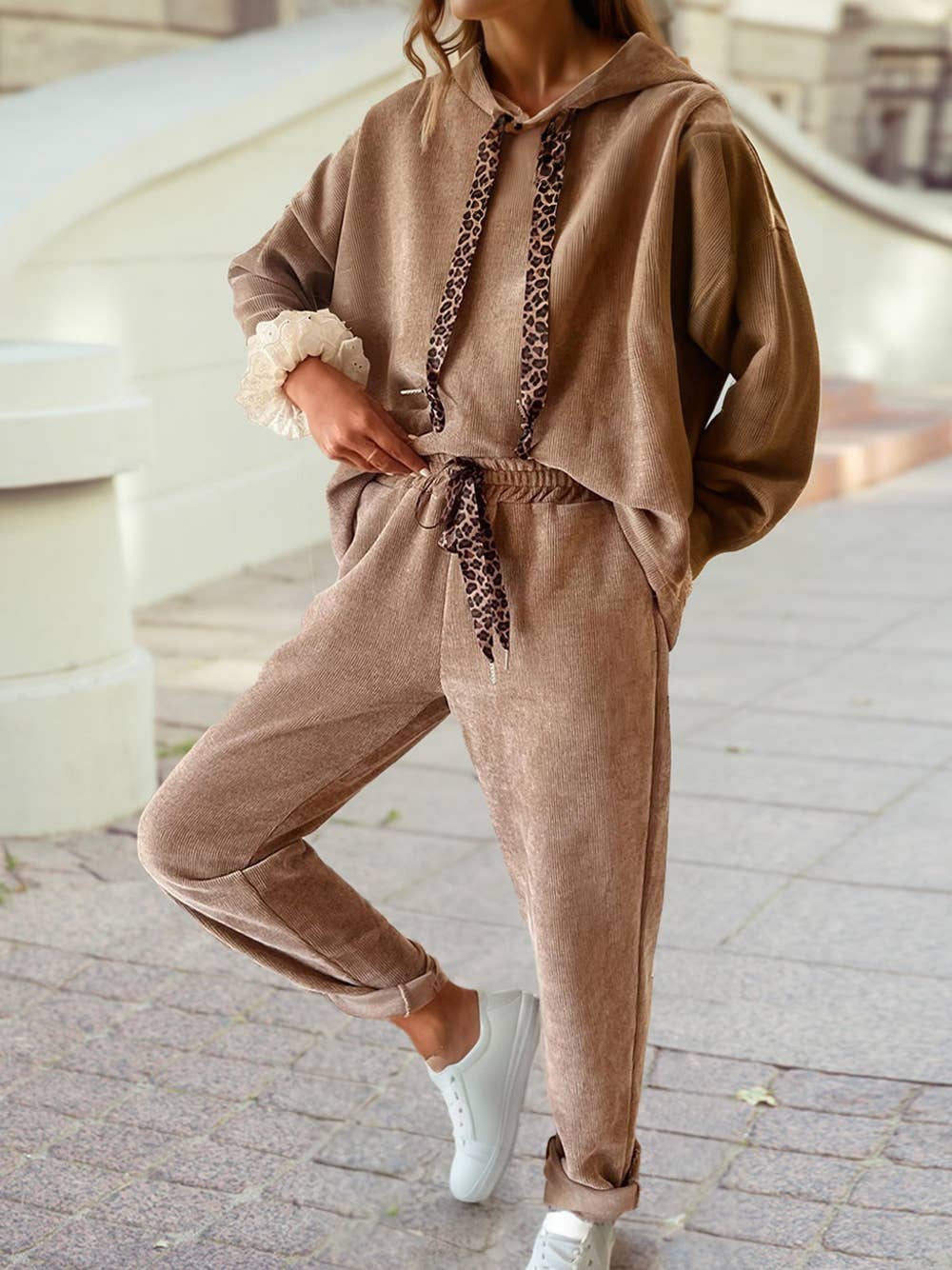Pullover Hoodie and High Waist Pants Corduroy Suit
