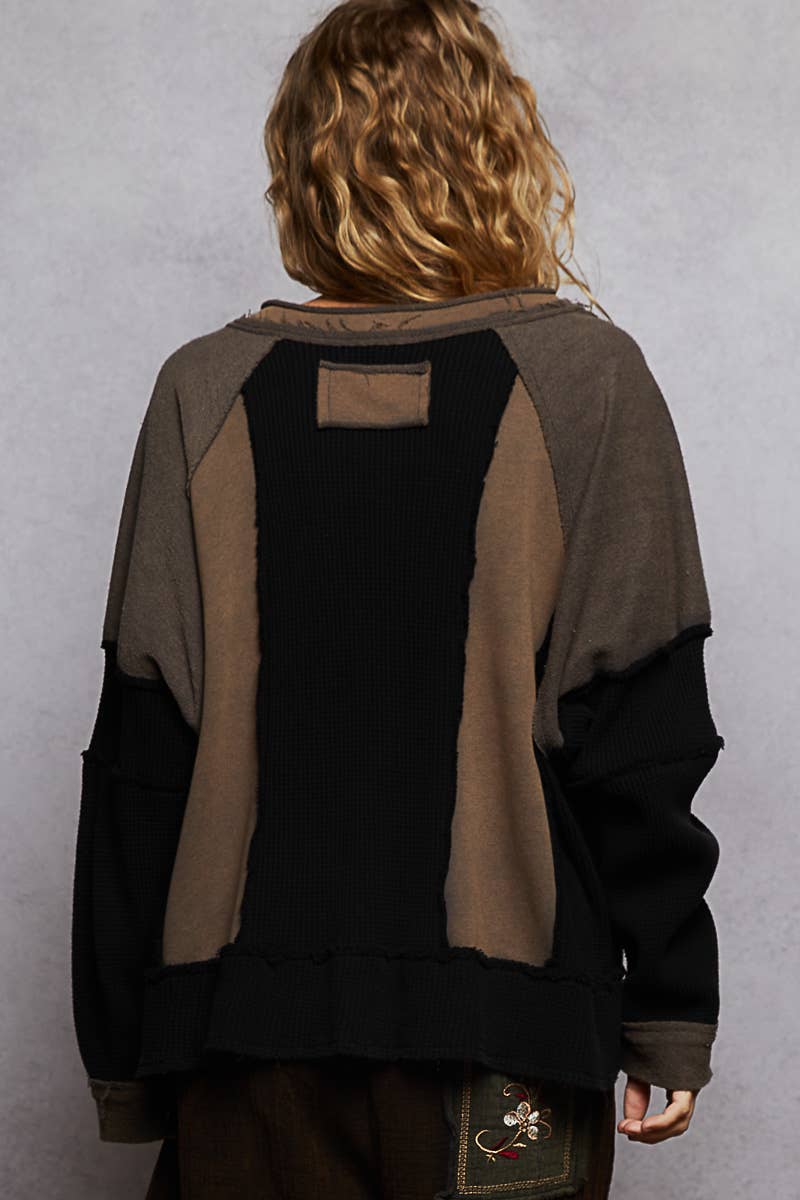 Notched Neck Contrast Fabric Basic Long Sleeve Top-POL