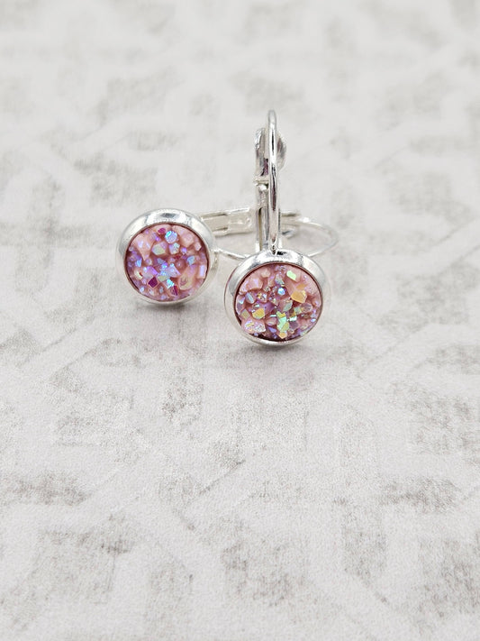 Druzy Round Dangle Earrings (Handmade 8mm)- Blush Pink