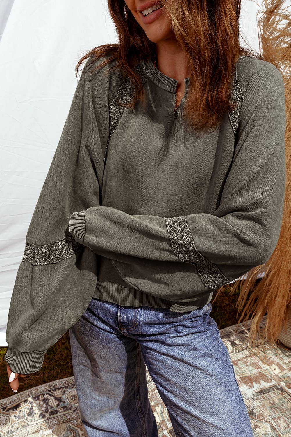 Lace Patchwork Detail Notched Neck Mineral Wash Sweatshirt-Red Dahlia