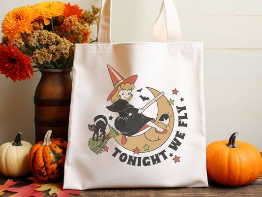 Vintage Witch Tonight We Fly Canvas Tote Bag