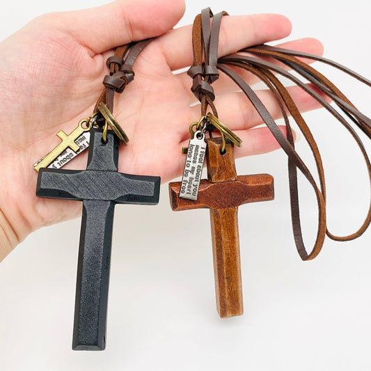 Retro Leather Rope Wood Cross Pendant Necklace